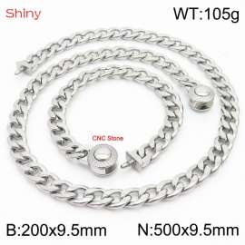 Hip hop style polished stainless steel Cuban chain silver diamond men's necklace bracelet combination two-piece set