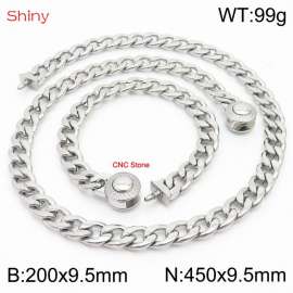 Hip hop style polished stainless steel Cuban chain silver diamond men's necklace bracelet combination two-piece set