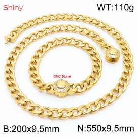 Hip Hop style polished stainless steel Cuban chain gold diamond necklace bracelet set two-piece set