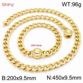Hip Hop style polished stainless steel Cuban chain gold diamond necklace bracelet set two-piece set
