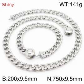 Hip hop style polished stainless steel Cuban chain silver men's necklace bracelet combination two-piece set
