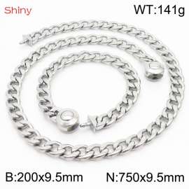 Hip hop style polished stainless steel Cuban chain silver men's necklace bracelet combination two-piece set