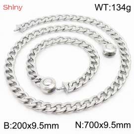 Hip hop style polished stainless steel Cuban chain silver men's necklace bracelet combination two-piece set
