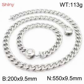 Hip hop style polished stainless steel Cuban chain silver men's necklace bracelet combination two-piece set