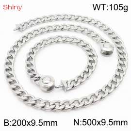 Hip hop style polished stainless steel Cuban chain silver men's necklace bracelet combination two-piece set