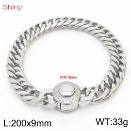 200×9mm Silver Color Stainless Steel Cuban Chain CNC Stone Clasp Bracelet For Men Women Fashion Jewelry