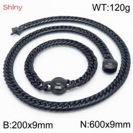 Black Color Stainless Steel Cuban Chain 600×9mm Necklace 200×9mm Bracelet For Men Women Fashion Jewelry Sets
