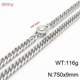 750×9mm Silver Color Stainless Steel Cuban Chain CNC Stone Clasp Necklace For Men Women Fashion Jewelry