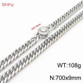 700×9mm Silver Color Stainless Steel Cuban Chain CNC Stone Clasp Necklace For Men Women Fashion Jewelry