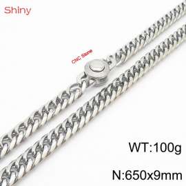 650×9mm Silver Color Stainless Steel Cuban Chain CNC Stone Clasp Necklace For Men Women Fashion Jewelry