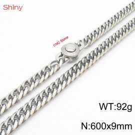 600×9mm Silver Color Stainless Steel Cuban Chain CNC Stone Clasp Necklace For Men Women Fashion Jewelry