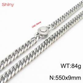 550×9mm Silver Color Stainless Steel Cuban Chain CNC Stone Clasp Necklace For Men Women Fashion Jewelry