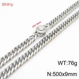 500×9mm Silver Color Stainless Steel Cuban Chain CNC Stone Clasp Necklace For Men Women Fashion Jewelry