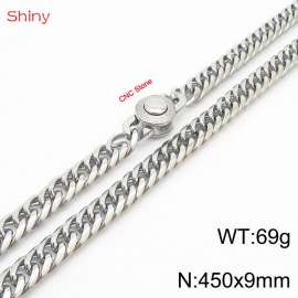 450×9mm Silver Color Stainless Steel Cuban Chain CNC Stone Clasp Necklace For Men Women Fashion Jewelry