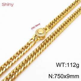 750×9mm Gold Color Stainless Steel Cuban Chain CNC Stone Clasp Necklace For Men Women Fashion Jewelry