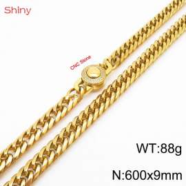 600×9mm Gold Color Stainless Steel Cuban Chain CNC Stone Clasp Necklace For Men Women Fashion Jewelry