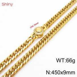 450×9mm Gold Color Stainless Steel Cuban Chain CNC Stone Clasp Necklace For Men Women Fashion Jewelry