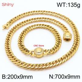 Gold Color Stainless Steel Cuban Chain CNC Stone Clasp 700×9mm Necklace 200×9mm Bracelet For Men Women Fashion Jewelry Sets