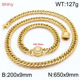 Gold Color Stainless Steel Cuban Chain CNC Stone Clasp 650×9mm Necklace 200×9mm Bracelet For Men Women Fashion Jewelry Sets
