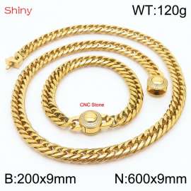 Gold Color Stainless Steel Cuban Chain CNC Stone Clasp 600×9mm Necklace 200×9mm Bracelet For Men Women Fashion Jewelry Sets