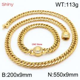 Gold Color Stainless Steel Cuban Chain CNC Stone Clasp 550×9mm Necklace 200×9mm Bracelet For Men Women Fashion Jewelry Sets