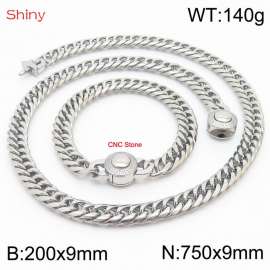 Silver Color Stainless Steel Cuban Chain CNC Stone Clasp 750×9mm Necklace 200×9mm Bracelet For Men Women Fashion Jewelry Sets