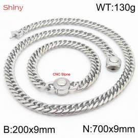 Silver Color Stainless Steel Cuban Chain CNC Stone Clasp700×9mm Necklace 200×9mm Bracelet For Men Women Fashion Jewelry Sets