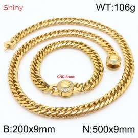 Gold Color Stainless Steel Cuban Chain CNC Stone Clasp 500×9mm Necklace 200×9mm Bracelet For Men Women Fashion Jewelry Sets