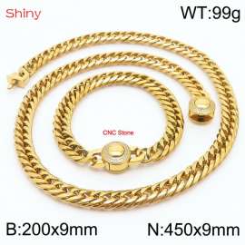 Gold Color Stainless Steel Cuban Chain CNC Stone Clasp 450×9mm Necklace 200×9mm Bracelet For Men Women Fashion Jewelry Sets