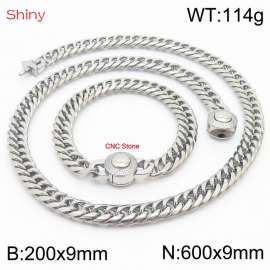 Silver Color Stainless Steel Cuban Chain CNC Stone Clasp 600×9mm Necklace 200×9mm Bracelet For Men Women Fashion Jewelry Sets