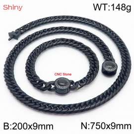 Black Color Stainless Steel Cuban Chain CNC Stone Clasp 750×9mm Necklace 200×9mm Bracelet For Men Women Fashion Jewelry Sets