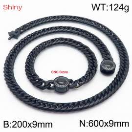 Black Color Stainless Steel Cuban Chain CNC Stone Clasp 600×9mm Necklace 200×9mm Bracelet For Men Women Fashion Jewelry Sets