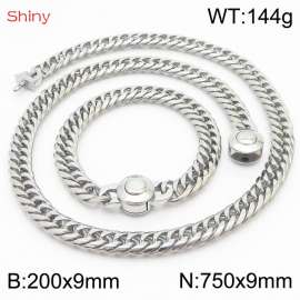 Silver Color Stainless Steel Cuban Chain 750×9mm Necklace 200×9mm Bracelet For Men Women Fashion Jewelry Sets