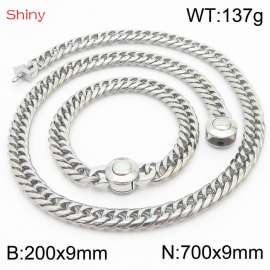 Silver Color Stainless Steel Cuban Chain 700×9mm Necklace 200×9mm Bracelet For Men Women Fashion Jewelry Sets