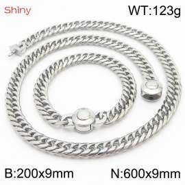 Silver Color Stainless Steel Cuban Chain 600×9mm Necklace 200×9mm Bracelet For Men Women Fashion Jewelry Sets