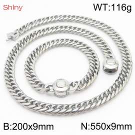 Silver Color Stainless Steel Cuban Chain 550×9mm Necklace 200×9mm Bracelet For Men Women Fashion Jewelry Sets