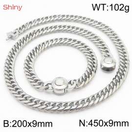Silver Color Stainless Steel Cuban Chain 450×9mm Necklace 200×9mm Bracelet For Men Women Fashion Jewelry Sets