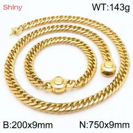 Gold Color Stainless Steel Cuban Chain 750×9mm Necklace 200×9mm Bracelet For Men Women Fashion Jewelry Sets