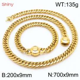 Gold Color Stainless Steel Cuban Chain 700×9mm Necklace 200×9mm Bracelet For Men Women Fashion Jewelry Sets