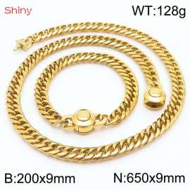 Gold Color Stainless Steel Cuban Chain 650×9mm Necklace 200×9mm Bracelet For Men Women Fashion Jewelry Sets