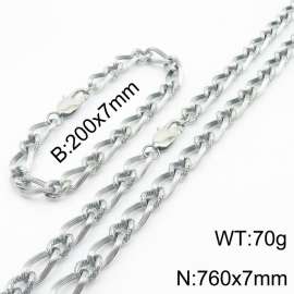 Silver Color Stainless Steel Link Chain 200×7mm Bracelet 760×7mm Necklaces Jewelry Sets For Women Men