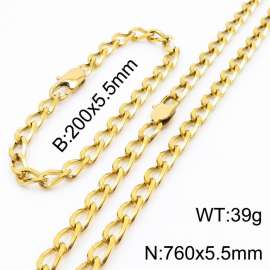 Gold Color Stainless Steel Cuban Chain 760×5.5mm Necklaces 200 ×5.5mm Bracelets Jewelry Sets For Women Men