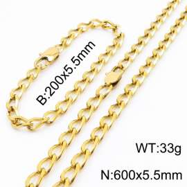 Gold Color Stainless Steel Cuban Chain 600×5.5mm Necklaces 200 ×5.5mm Bracelets Jewelry Sets For Women Men