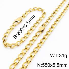 Gold Color Stainless Steel Cuban Chain 550×5.5mm Necklaces 200 ×5.5mm Bracelets Jewelry Sets For Women Men