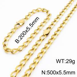 Gold Color Stainless Steel Cuban Chain 500×5.5mm Necklaces 200 ×5.5mm Bracelets Jewelry Sets For Women Men