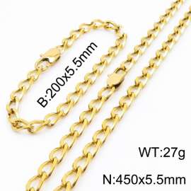 Gold Color Stainless Steel Cuban Chain 450×5.5mm Necklaces 200 ×5.5mm Bracelets Jewelry Sets For Women Men