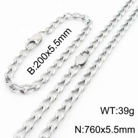 Silver Color Stainless Steel Cuban Chain 760×5.5mm Necklaces 200 ×5.5mm Bracelets Jewelry Sets For Women Men