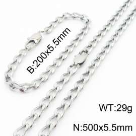 Silver Color Stainless Steel Cuban Chain 500×5.5mm Necklaces 200 ×5.5mm Bracelets Jewelry Sets For Women Men