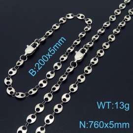Silver Color Stainless Steel Wafer Chain 760×5mm Necklaces 200×5mm Bracelets Jewelry Sets For Women Men