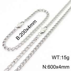 Silver Color Stainless Steel Link Chain 600×4mm Necklaces 200×4mm Bracelets Jewelry Sets For Women Men